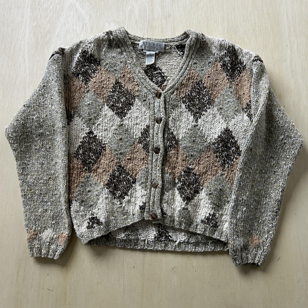 Vintage Michelle Stuart Cardigan Sweater Womens Small V Neck Argyle Hand Knit